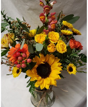 Bright fall vase arrangement...seasonal flowers 