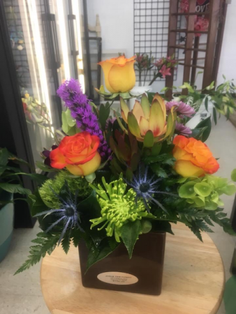 Bright mix floral Cube vase arrangement