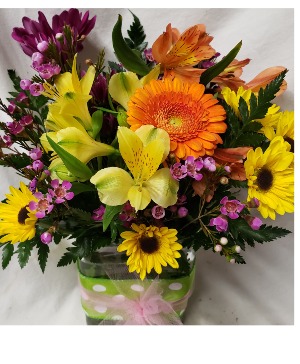 Bright Pick- Me -Up bouquet...rectangular vase With ribbon detail and seasonal bright flowers arranged