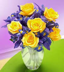 BRIGHT SMILES!! 6 yellow roses with blue iris arranged in a clear vase!!