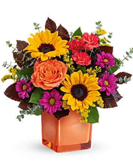 Brighten Sunflower Bouquet Cube Vase Arrangement