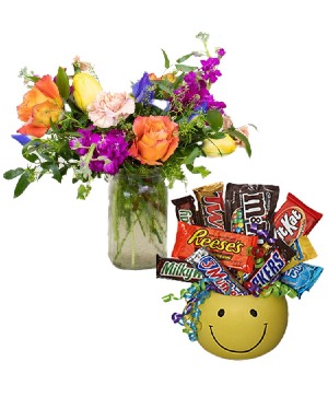 Brightest + Cheeriest Gift Vased Arrangement and Smiley Bowl with Candy