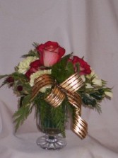 SEASONS BRIGHTFUL GREETINGS- Chrystal Vase Christmas Roses Arrangements From AMAPOLA BLOSSOMS Crystal Vase Flower Arrangement