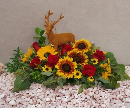 Buck in Sunflowers and Roses Arrangement