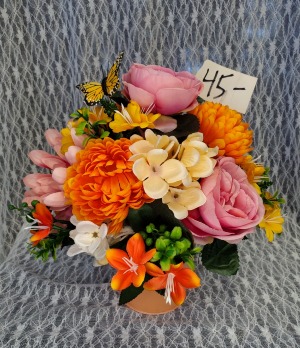 Bucket with Colorful Silk Arrangement & Butterfly 