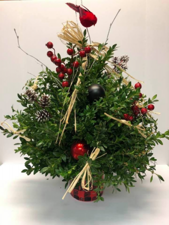 Buffalo Plaid Boxwood Tree Arrangement