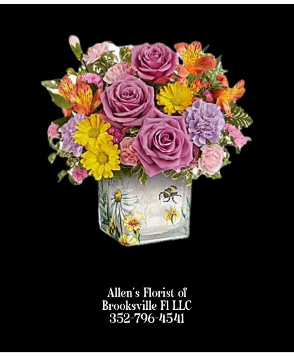 Bumble Bee Cube  Fresh Cut Flowers in a Keepsake Container