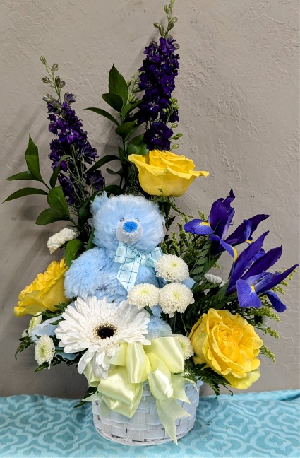 Bundle of Joy Basket  New Baby Boy Arrangement and Teddy