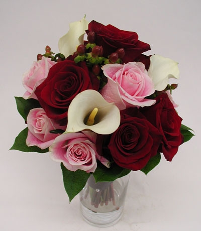 Burgundy and Pink Roses, Cream Mini Calla Lilies and Hypericum Berries 
