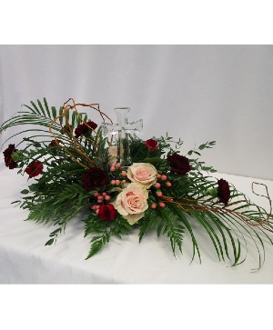 GRACEFUL RUBY AND BLUSH WITH GLASS CROSS SYMPATHY ARRANGEMENT
