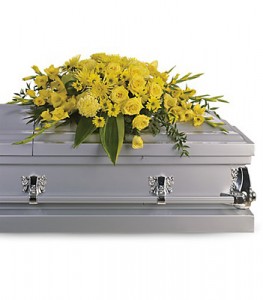 BURST OF SUNSHINE Half Casket Spray of roses, fugis, carnations, snapdragons, daisies and more