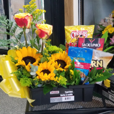 Burst of Sunshine in a Tool Box Flowers Goodies and Balloons