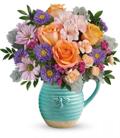 Busy Bee Pitcher Bouquet All Around Floral Arrangement In Winnipeg Mb Kings Florist Ltd