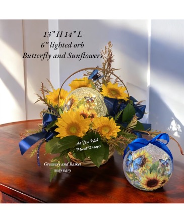 Butterflies and Sunflowers Basket Basket arrangement  in Ashland City, TN | As You Wish Floral Designs by Kimberly McCord