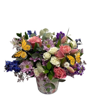 Butterfly Kisses Floral Tin Arrangement in Bozeman, MT | BOUQUETS AND MORE