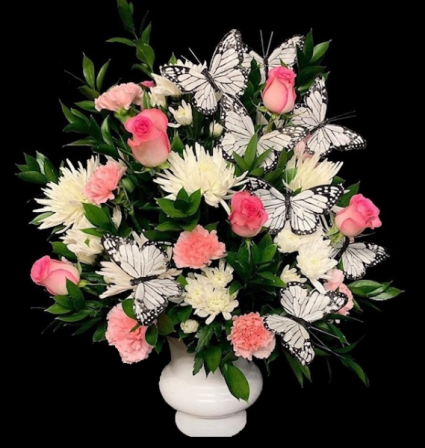 Butterfly Kisses Pink Floral Design with Silk Monarch Butterflies