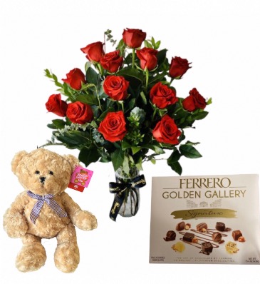 The Roses, The Bear and the Chocolates Combo Pack in Whittier, CA | Rosemantico Flowers