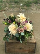 cafe dahlias with dusty lavender roses lush and grand