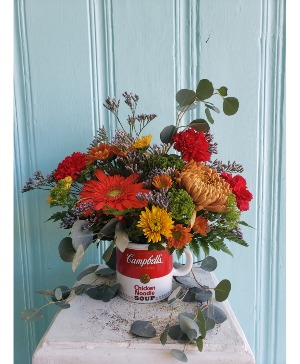 CAMPBELLS SOUP MUG FLOWER ARRANGEMENT