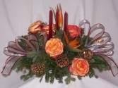 Christmas Candle Centerpieces Shimmers Golden Ruby Christmas Centerpiece Arrangements - Roses and Birds of Paradise with Pinecones