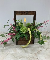 Candle with timer wooden basket arrangement Permanent botanical
