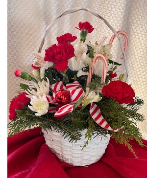 Candy Cane Basket Fresh flowers with Holiday colors