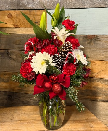 Candy Cane Christmas Cheer Holiday Vase Arrangement in Moncks Corner, SC | Mama and Me Flowershack