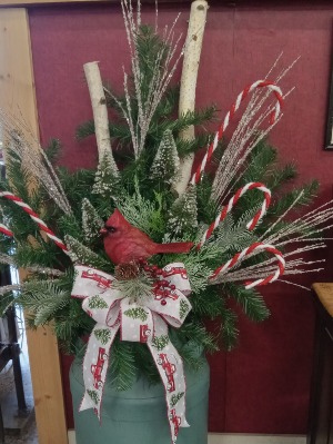 Candy canes and cardinals porch pots filled with fresh or everlasting