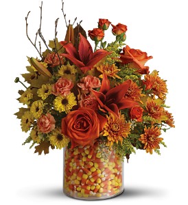 Candy Corn Surprise Treat & Flower Arrangement