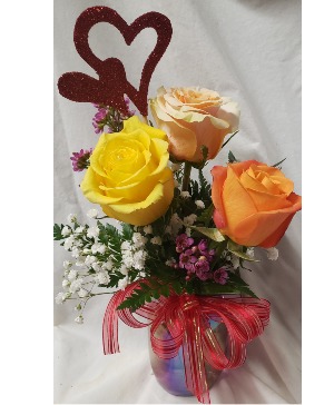 CANDY HEARTS... 3 mixed ROSES (colors will vary) In a pint iridescent mason jar with heart pic and seasonal filler and bow