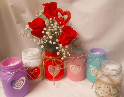  CANDY HEARTS BOUQUET ...Pint size heart mason jar 3 RED ROSES ARRANGED WITH BABY'S BREATH AND RED HEART PIC!(WE WILL CHOOSE COLOR OF MASON JAR SINCE EACH COLOR HAS A LIMITED SUPPLY...ALL VERY CUTE!) 