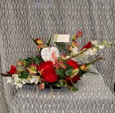 Cardinal Basket with Red Silks Silk Arrangement