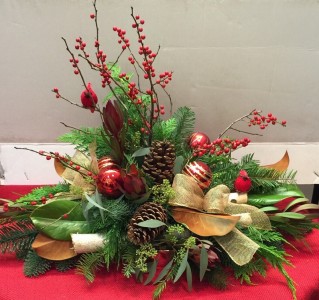 Cardinal centerpiece floral arrangement