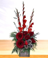 Cranberry Cardinal  Wooden Box Arrangement