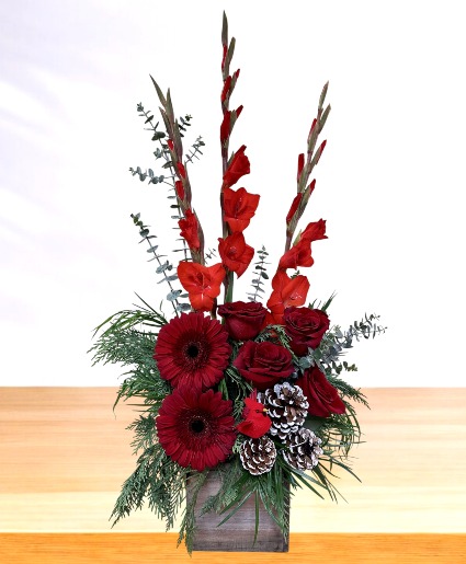 Cranberry Cardinal  Wooden Box Arrangement