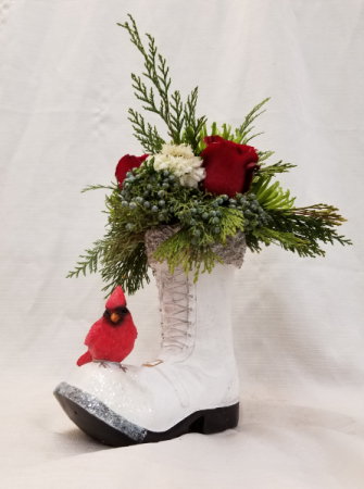 Cardinal on Boot SOLD OUT fresh arrangement with collectible boot