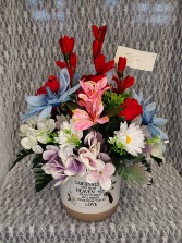 Cardinal Planter w/ Silk Flowers & Cardinals 