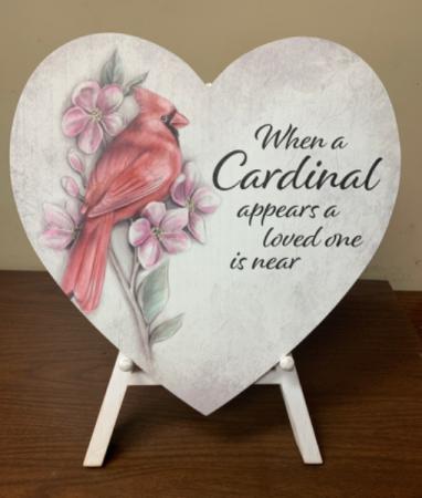 Cardinals Appear Wooden Heart on Easel  17x14 1/2