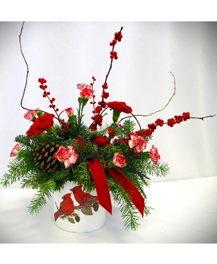 CARDINALS ON A BRANCH  FRESH FLOWER ARRANGEMENT