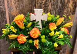 Caring Cross Centerpiece  Fresh Flowers with Keepsake Cross