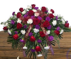 Rose and Carnation in red, white, and purple Casket Spray