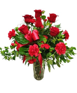 Carnation & Rose Combo Glass Vase