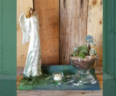 Carved wooden angel succulent garden plants