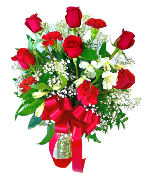 Cauley's Half Dozen Red with Mix Clear Vase Arrangement