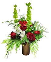 Cedar and Garden Roses Christmas Vase Arrangement 