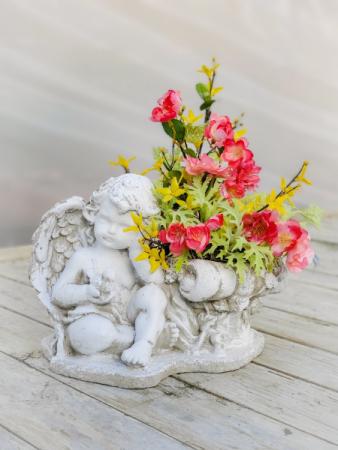 Cement Cherub Planter with Artificial Flowers Keepsake