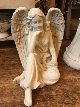 Cement Sitting Angel Holding Wreath SYMPATHY ARRANGEMENT/GIFT/HOME