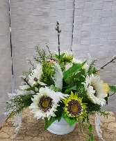 Centerpiece of white sunflowers in a white vase Centerpiece 
