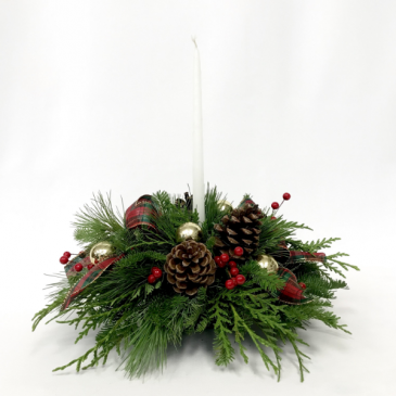 centerpiece with greens deco, and white candle