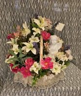 Ceramic Angel in Basket w Silk Flowers 
